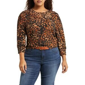 Democracy Leaf Print Long Sleeve Rib Knit Top Sz 2X Earthy Brown Cabincore Boho